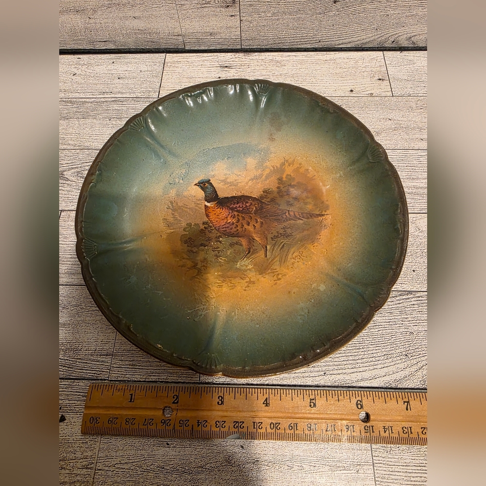 Vintage Decorative Plate with Pheasant Motif in Green and Gold